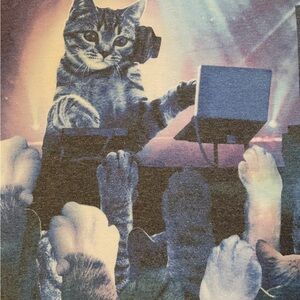 Gildan Blue DJ Cat Graphic Short Sleeve Tee small RARE & festival ready unisex